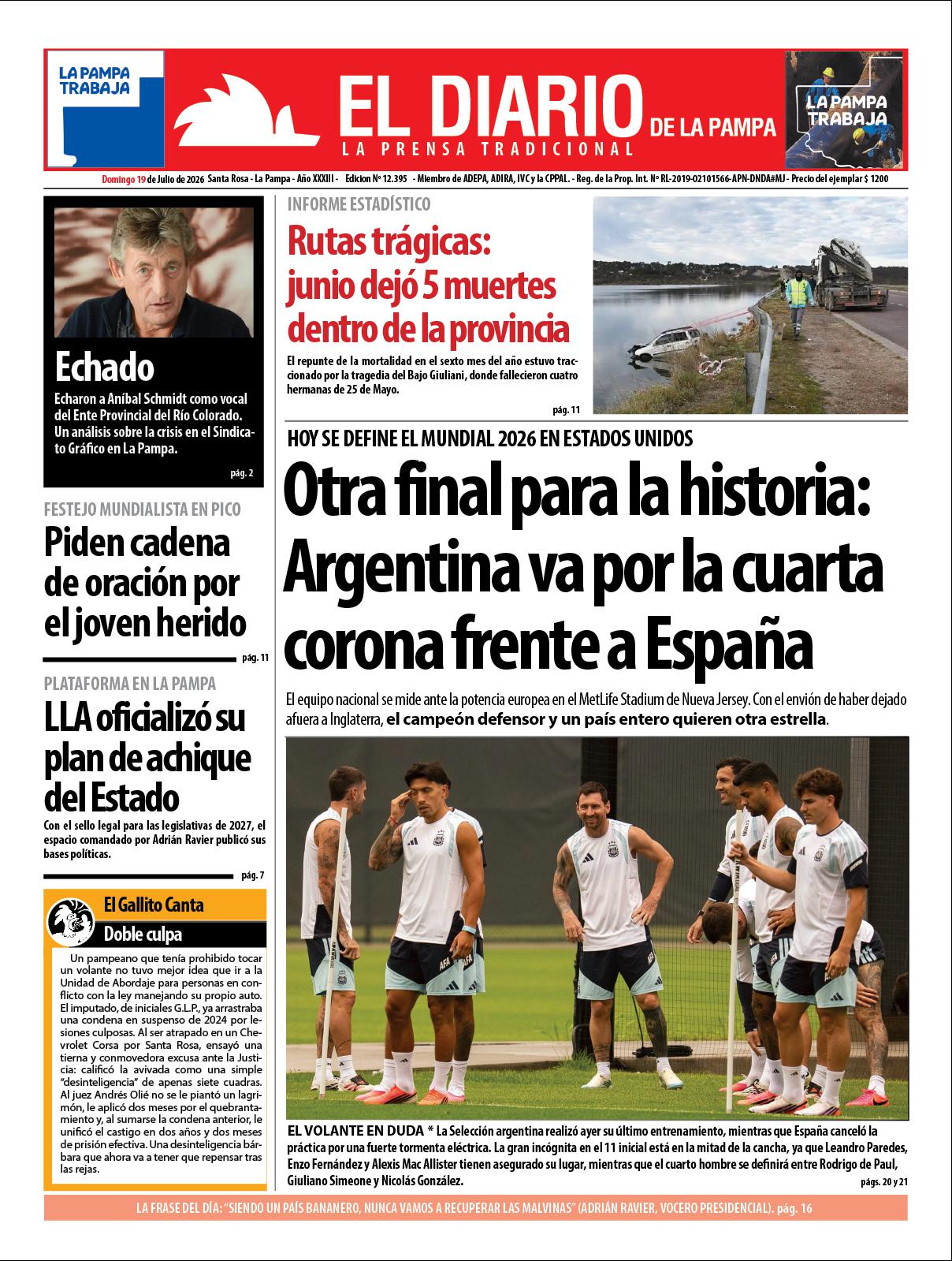 Tapa de El Diario en papel  domingo 19 de julio de 2026